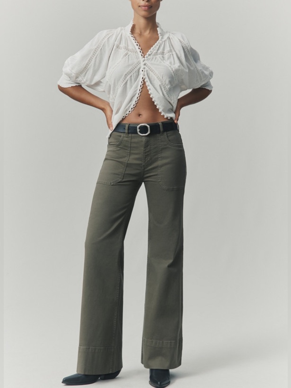 Pilcro Rylan High Rise Wide Leg Flare Pants 25 Green Cotton Twill Casual Utility